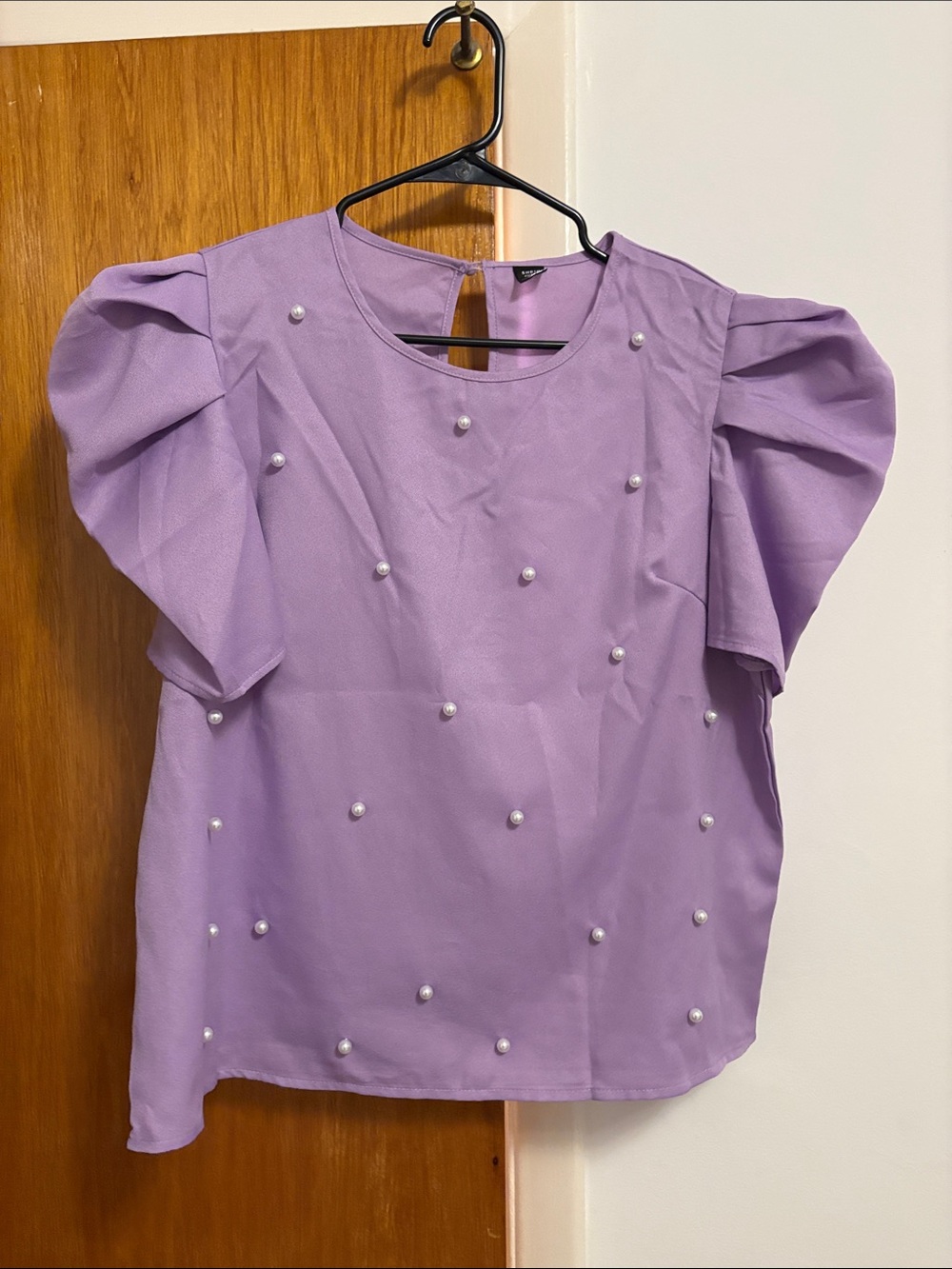 SHEIN Lavender Pearl-Accent Puff Sleeve Blouse
